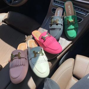 Replica Designer Hermes Women Solid Color H Flat Slippers