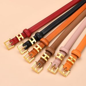 Replica Designer Hermes Women Vintage Solid Color Genuine Leather Slim Belt