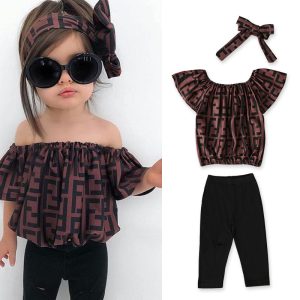 Replica Designer Kids Summer Girls One shoulder Neck OffShoulder Letter Print Top Trousers Three-Piece Clothing
