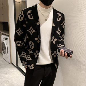 Replica Designer LV Men Fashion Lapel Long Sleeve Knit Coat