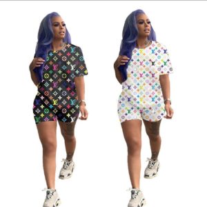 Replica Designer Louis Vuittom Women Personality Multicolor Printing Short Sleeve And Shorts Two-Piece Suit