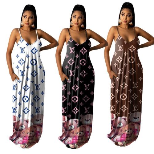 Replica Designer Louis Vuittom Women Printing Simple Suspender Dress