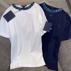 Replica Designer Louis Vuitton Casual Letter Neck Panel Denim Short Sleeve T-Shirt