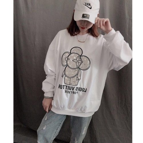 Replica Designer Louis Vuitton Casual Letter Print Bear Crew Neck Loose Sweatshirt
