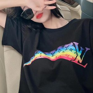 Replica Designer Louis Vuitton Casual Rainbow Alphabet Print Collar Short Sleeve T-Shirt