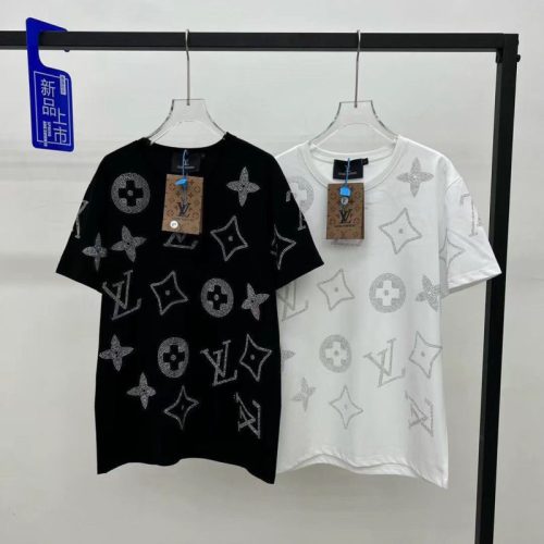 Replica Designer Louis Vuitton Casual Round Neck Rhinestone T-Shirt