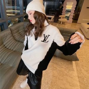 Replica Designer Louis Vuitton Couple Fashion Letter Black White Stitching Color Sweater