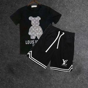 Replica Designer Louis Vuitton Fashion Bear Print Short Sleeve T-Shirt + Sports Shorts Two-Piece Set