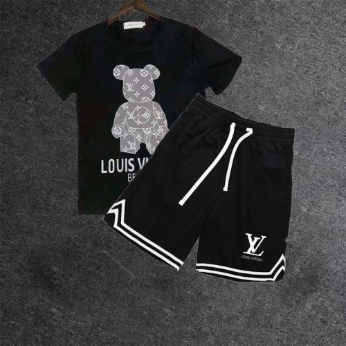 Replica Designer Louis Vuitton Fashion Bear Print Short Sleeve T-Shirt + Sports Shorts Two-Piece Set