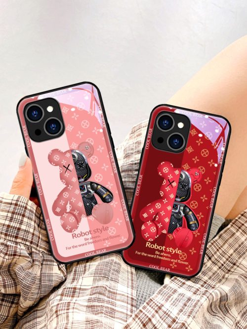 Replica Designer Louis Vuitton Fashion Cartoon Bear Print Glass Phone Case