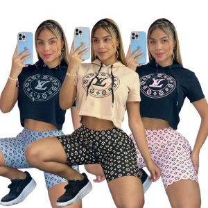 Replica Designer Louis Vuitton Fashion Casual Printing Short Sleeve Hoodie And Shorts Two-Piece Set