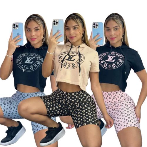 Replica Designer Louis Vuitton Fashion Casual Printing Short Sleeve Hoodie And Shorts Two-Piece Set