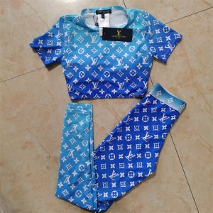 Replica Designer Louis Vuitton Fashion Letter Print Gradient Short Sleeve Top + Pants Two Piece Set