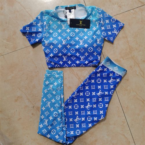 Replica Designer Louis Vuitton Fashion Letter Print Gradient Short Sleeve Top + Pants Two Piece Set