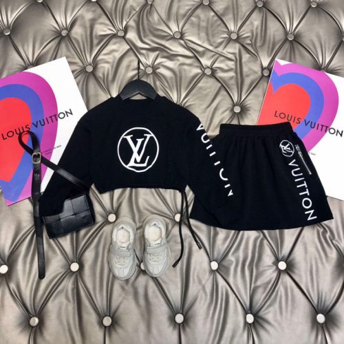 Replica Designer Louis Vuitton Fashion Letter Printing Girl Long-Sleeved Top Skirt Two-Piece Set