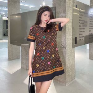 Replica Designer Louis Vuitton Fashion Multicolor Alphabet Print Dress