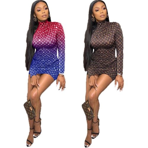 Replica Designer Louis Vuitton Fashion Printing Crew Neck Women Hip Dress