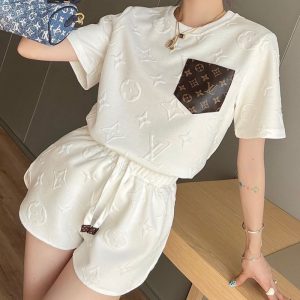 Replica Designer Louis Vuitton Fashion Solid Color Embossed Letters Crew Neck T-Shirt Two-Piece Set