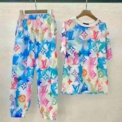 Replica Designer Louis Vuitton Fashion Tie-Dye Print Short-Sleeved Loose T-Shirt + Pants Two-Piece Set