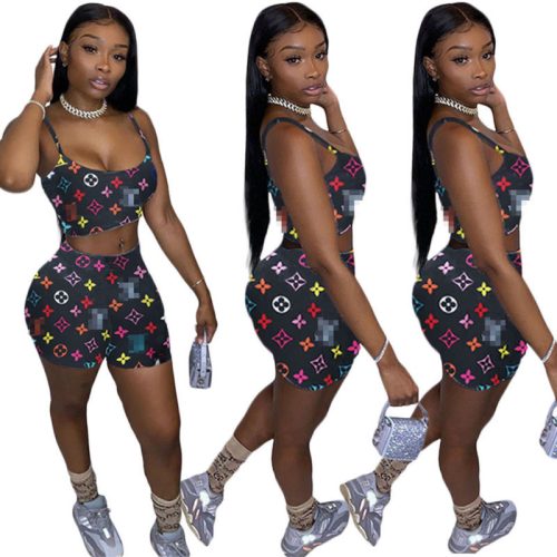 Replica Designer Louis Vuitton Fashion Women Letter Printing Casual Camisole Top Shorts Two-Piece Set