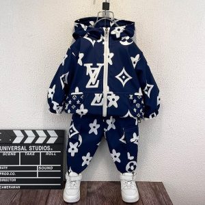 Replica Designer Louis Vuitton Kids Fashion Stand Collar Zip Top And Pants Two Piece Set
