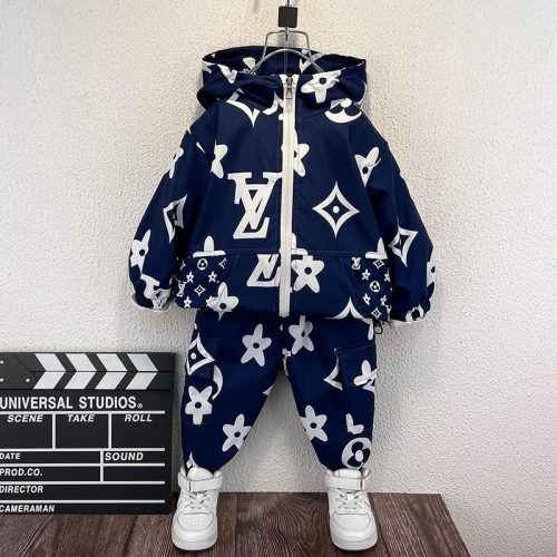 Replica Designer Louis Vuitton Kids Fashion Stand Collar Zip Top And Pants Two Piece Set