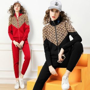 Replica Designer Louis Vuitton Knitted Fashion Stitching Color Zipper Sweater Pants Two-Piece Set