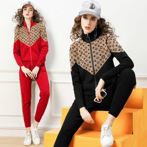 Replica Designer Louis Vuitton Knitted Fashion Stitching Color Zipper Sweater Pants Two-Piece Set
