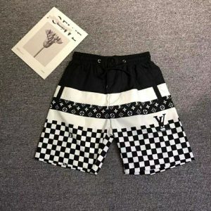 Replica Designer Louis Vuitton Men Casual Printing Checkered Stitching Color Loose Elastic Shorts