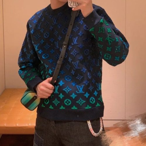 Replica Designer Louis Vuitton Men Fashion Gradient Letters Old Flower Printing Round Neck Casual Sweater