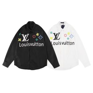 Replica Designer Louis Vuitton Men Lapel Letter Printing Long-Sleeved Simple Shirt