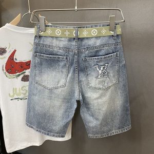 Replica Designer Louis Vuitton Men Printing Casual Loose Light-Colored Ripped Jeans Shorts