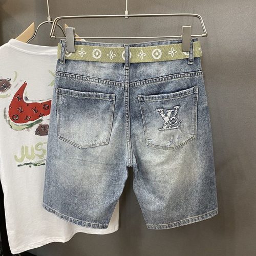 Replica Designer Louis Vuitton Men Printing Casual Loose Light-Colored Ripped Jeans Shorts