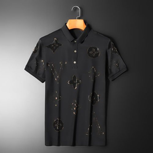 Replica Designer Louis Vuitton Men Rhinestone Short Sleeve Polo Shirt
