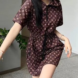 Replica Designer Louis Vuitton Stylish Letter Print Waist Drawstring Hooded Dress