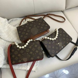 Replica Designer Louis Vuitton Vintage Print Faux Pearl Chain Shoulder Bag