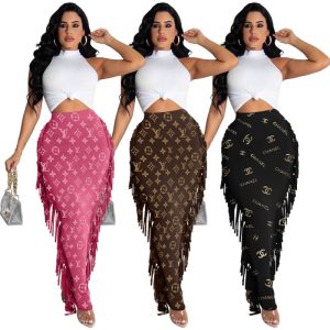 Replica Designer Louis Vuitton Woman Printing Solid Color Tassel Sexy Skirt