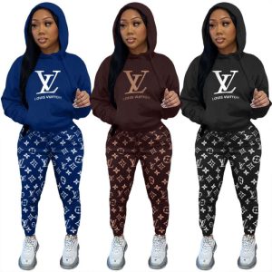 Replica Designer Louis Vuitton Woman Simple Hooded Tracksuit Two Piece Sets