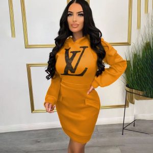 Replica Designer Louis Vuitton Women Casual Letter Printing Long-Sleeved Hooded Dress