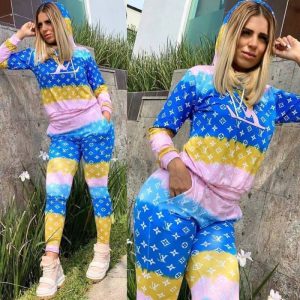 Replica Designer Louis Vuitton Women Casual Stitching Color Simple Printing Long Sleeve Hooded Top And Pant Suit
