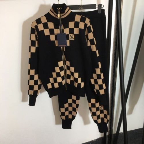 Replica Designer Louis Vuitton Women Fashion Check Stitching Knitted Top And Pants Suits