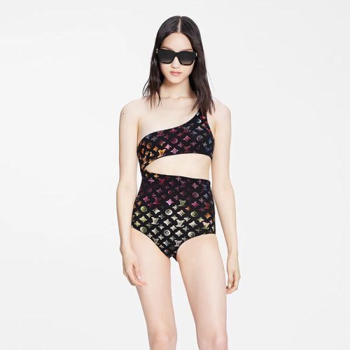 Replica Designer Louis Vuitton Women Fashion Colorful Letter Printing One-Shoulder One-Piece Swimsuit