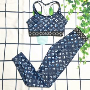 Replica Designer Louis Vuitton Women Fashion Geometric Printing Vest Yoga Trousers Two Piece Set