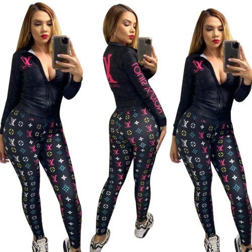 Replica Designer Louis Vuitton Women Fashion Print Casual Long Sleeves Top And Pants Two Piece Set