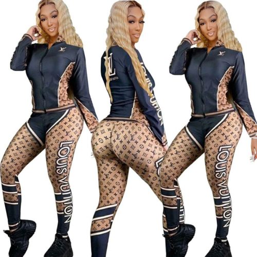 Replica Designer Louis Vuitton Women Fashion Print Color Matching Casual All-Match Two-Piece Sets