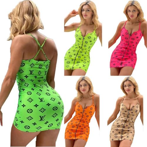 Replica Designer Louis Vuitton Women Fashion Print Suspenders Zipper Sexy One-Piece Dress