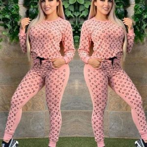 Replica Designer Louis Vuitton Women Fashion Printing Casual Splicing Long Sleeve Top And Pants Two-Piece Set