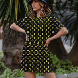 Replica Designer Louis Vuitton Women Fashion Summer Flower Printing Solid Color Casual Dress