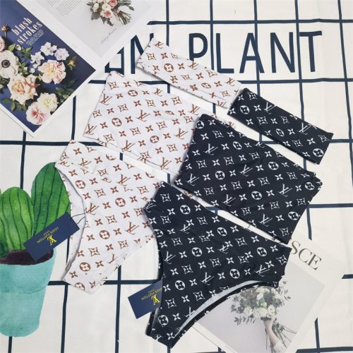 Replica Designer Louis Vuitton Women Geometric Printing Stitching Split Head Scarf Swimwear Three-Piece Set