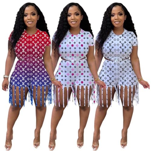 Replica Designer Louis Vuitton Women Gradient Color Multicolor Printed Tassel Two-Piece Sets